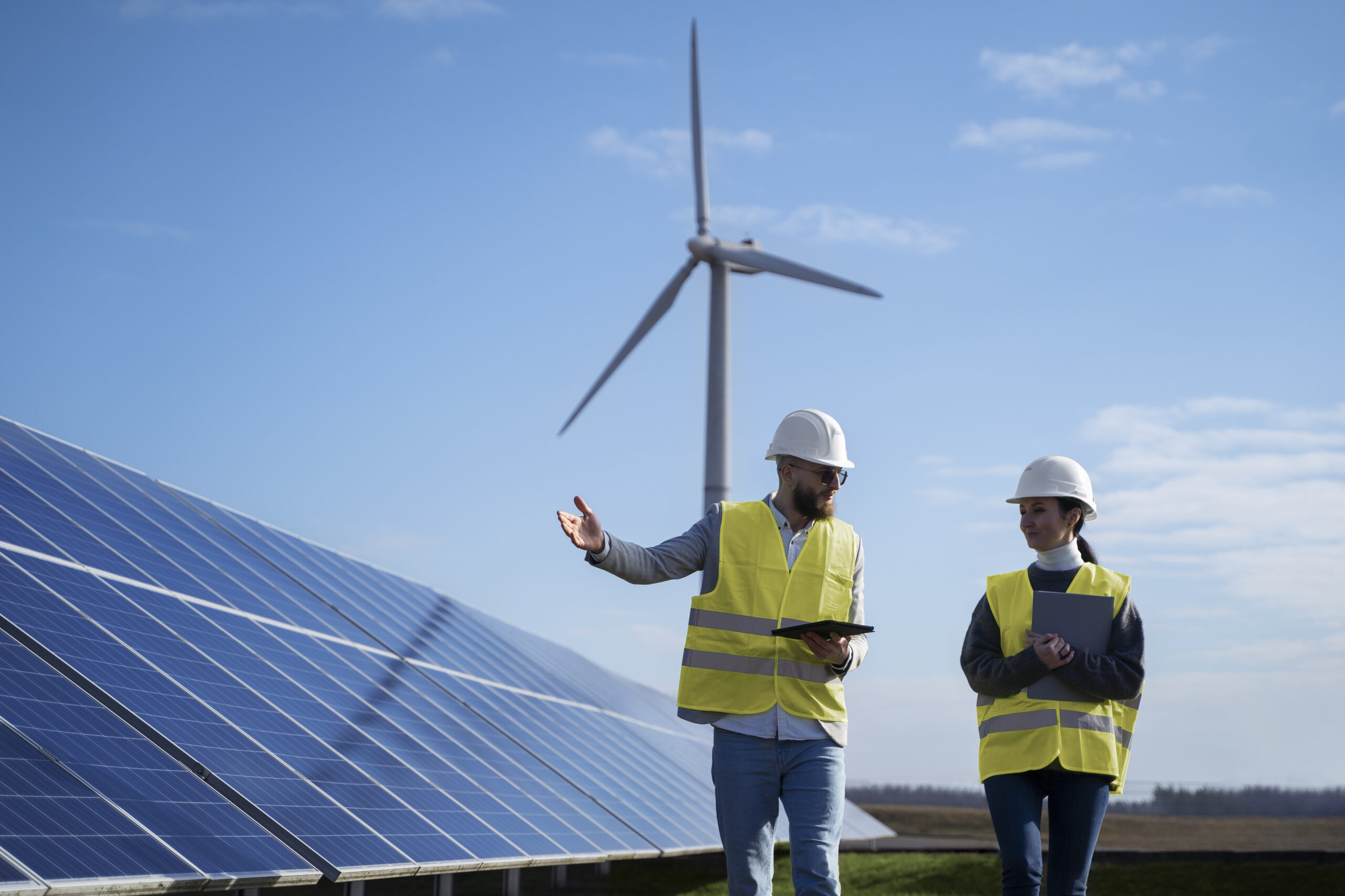 Ingénieurs-parlant-de-panneaux-solaires-plan-moyen-shot